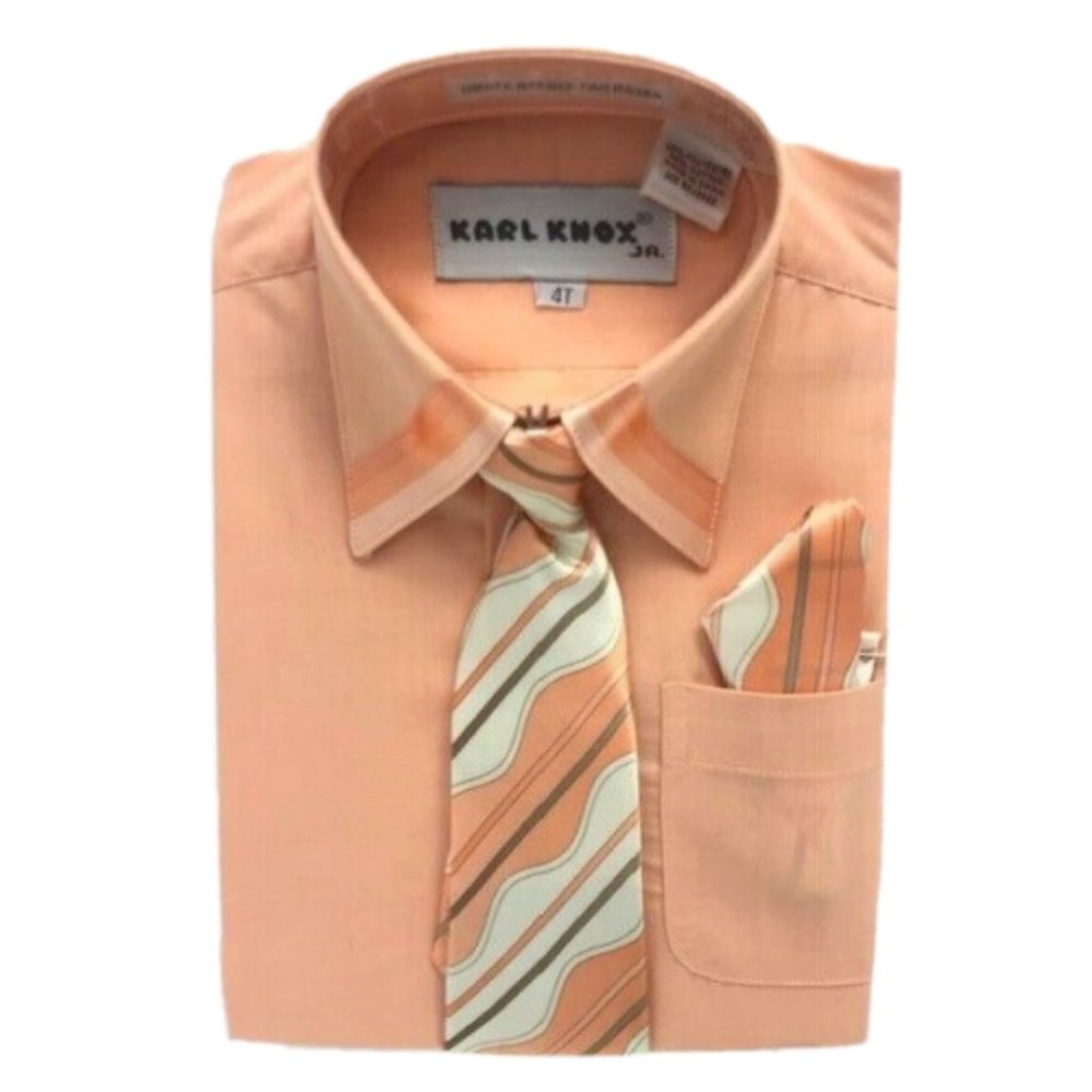 Karl Knox Jr. Boys Peach Dress Shirt Peach Cream Beige Tie & Hanky Size 4T